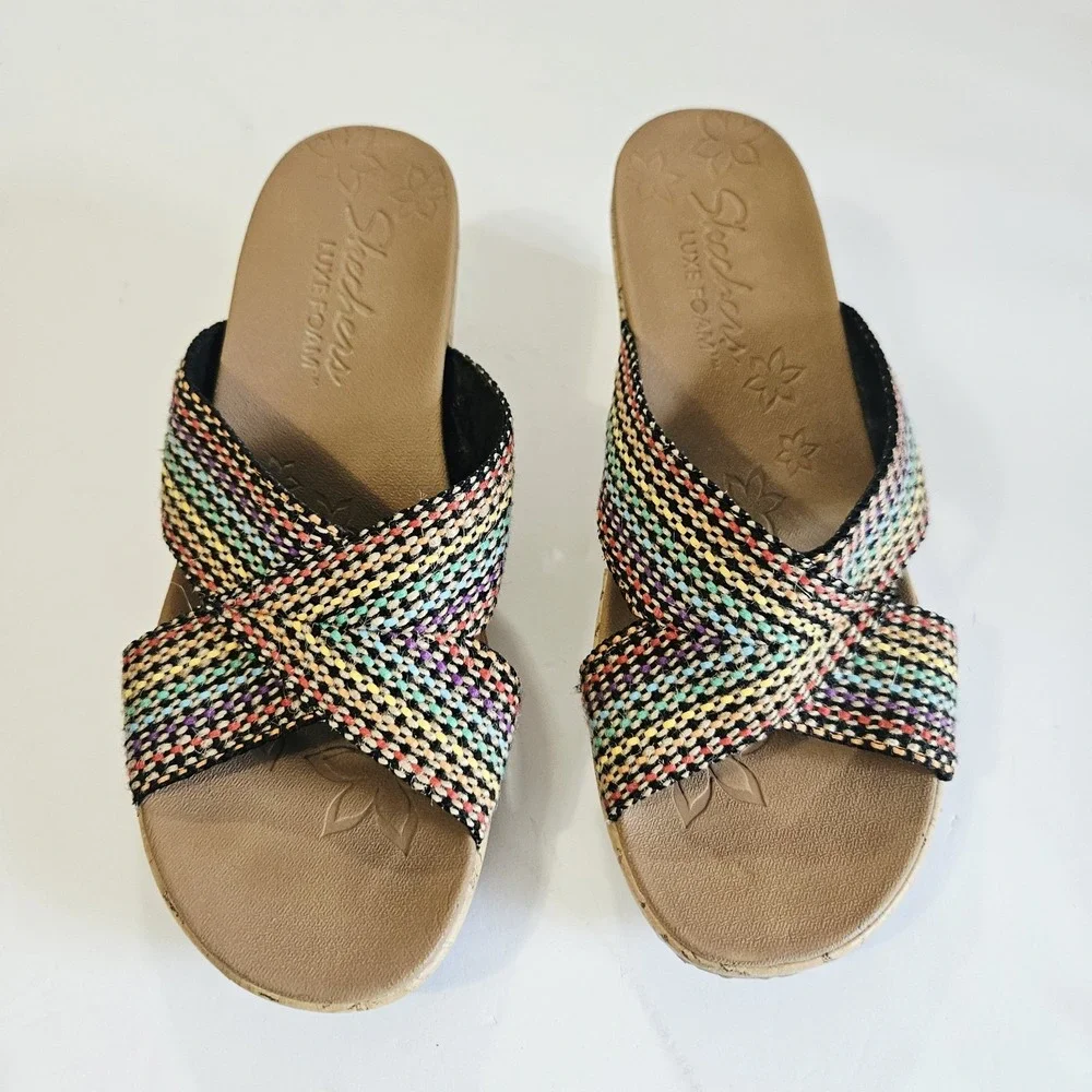 Cali Sketchers Womens 38554 Beverlee Rainbow Luxe Foam Wedge Size 9 Sandals